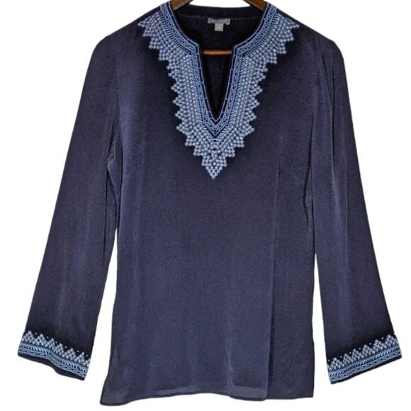 Ann Taylor Tops - Ann Taylor 100% Silk Embroidered Tunic Blouse Top Navy Blue Top Medium Shirt